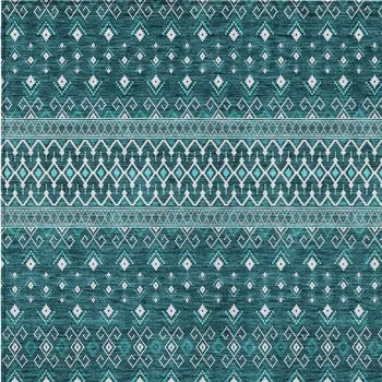 10' X 14' Teal Blue Aqua And Ivory Tribal Washable Indoor Outdoor Area Rug