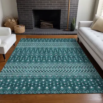 10' X 14' Teal Blue Aqua And Ivory Tribal Washable Indoor Outdoor Area Rug