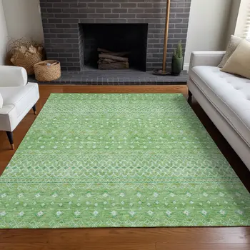 10' X 14' Green And Mint Green Tribal Washable Indoor Outdoor Area Rug