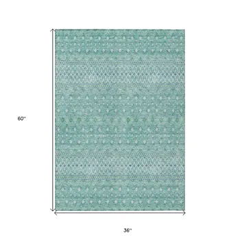 3' X 5' Aqua Teal Blue And Ivory Tribal Washable Indoor Outdoor Area Rug
