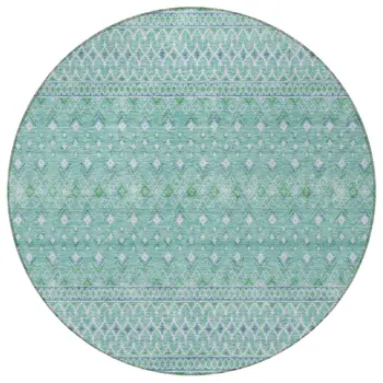 8' Aqua Teal Blue And Ivory Round Tribal Washable Indoor Outdoor Area Rug