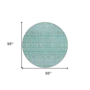 8' Aqua Teal Blue And Ivory Round Tribal Washable Indoor Outdoor Area Rug
