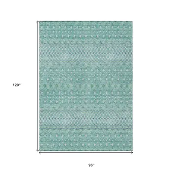 8' X 10' Aqua Teal Blue And Ivory Tribal Washable Indoor Outdoor Area Rug