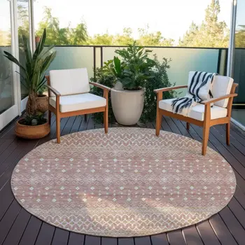 8' Blush Gold And Ivory Round Tribal Washable Indoor Outdoor Area Rug