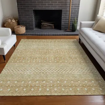 10' X 14' Copper Ivory And Olive Green Tribal Washable Indoor Outdoor Area Rug