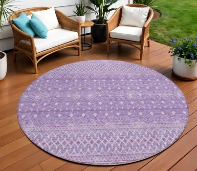 8' Lavender And Purple Round Tribal Washable Indoor Outdoor Area Rug