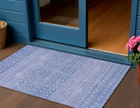 3' X 5' Sky Blue Purple And Ivory Tribal Washable Indoor Outdoor Area Rug