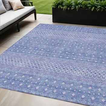 5' X 8' Sky Blue Purple And Ivory Tribal Washable Indoor Outdoor Area Rug