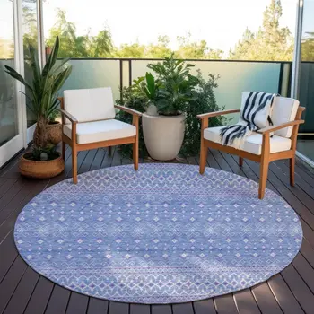8' Sky Blue Purple And Ivory Round Tribal Washable Indoor Outdoor Area Rug