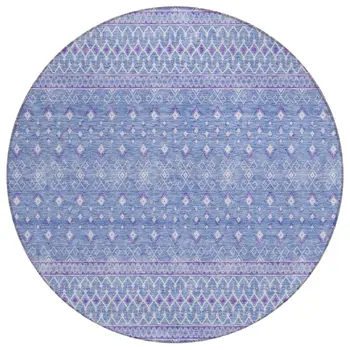 8' Sky Blue Purple And Ivory Round Tribal Washable Indoor Outdoor Area Rug