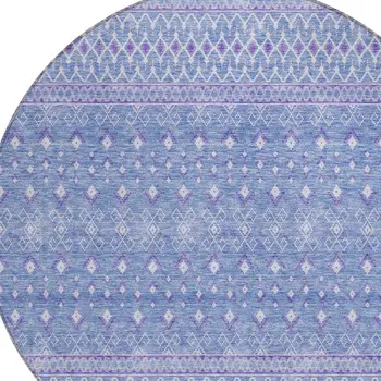 8' Sky Blue Purple And Ivory Round Tribal Washable Indoor Outdoor Area Rug