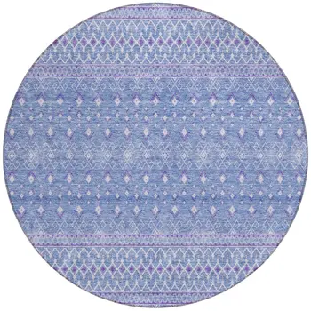 8' Sky Blue Purple And Ivory Round Tribal Washable Indoor Outdoor Area Rug