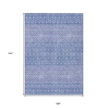9' X 12' Sky Blue Purple And Ivory Tribal Washable Indoor Outdoor Area Rug