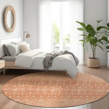 8' Salmon Gold And Ivory Round Tribal Washable Indoor Outdoor Area Rug
