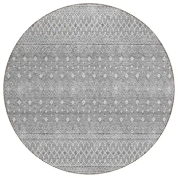 8' Silver Gray And Ivory Round Tribal Washable Indoor Outdoor Area Rug
