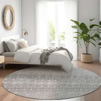 8' Silver Gray And Ivory Round Tribal Washable Indoor Outdoor Area Rug