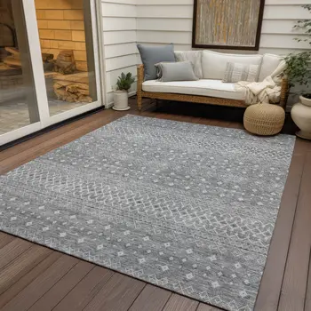10' X 14' Silver Gray And Ivory Tribal Washable Indoor Outdoor Area Rug