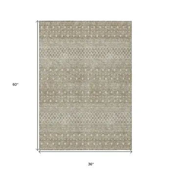 3' X 5' Taupe Green And Ivory Tribal Washable Indoor Outdoor Area Rug