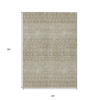 5' X 8' Taupe Green And Ivory Tribal Washable Indoor Outdoor Area Rug