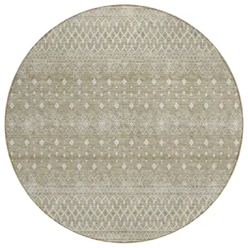 8' Taupe Green And Ivory Round Tribal Washable Indoor Outdoor Area Rug