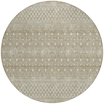 8' Taupe Green And Ivory Round Tribal Washable Indoor Outdoor Area Rug