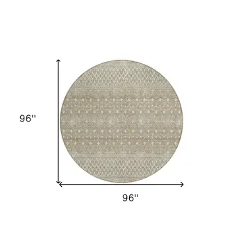 8' Taupe Green And Ivory Round Tribal Washable Indoor Outdoor Area Rug