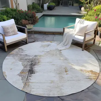 8' Beige Ivory And Taupe Round Abstract Washable Indoor Outdoor Area Rug