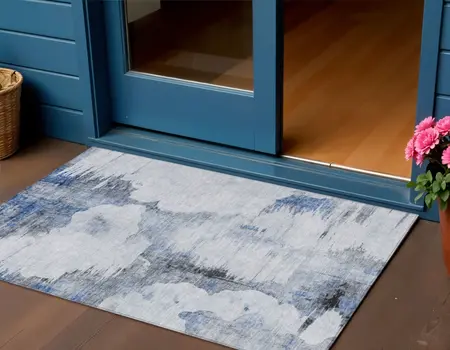3' X 5' Navy Blue And Ivory Abstract Washable Indoor Outdoor Area Rug