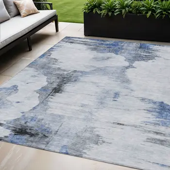 5' X 8' Navy Blue And Ivory Abstract Washable Indoor Outdoor Area Rug