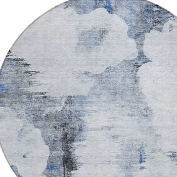 8' Navy Blue And Ivory Round Abstract Washable Indoor Outdoor Area Rug