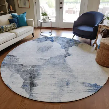 8' Navy Blue And Ivory Round Abstract Washable Indoor Outdoor Area Rug