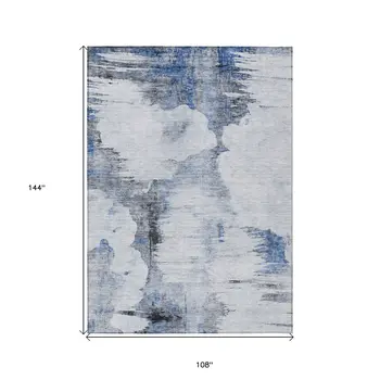 9' X 12' Navy Blue And Ivory Abstract Washable Indoor Outdoor Area Rug
