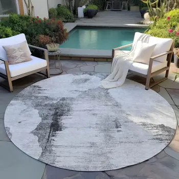 8' Gray Silver And Charcoal Round Abstract Washable Indoor Outdoor Area Rug