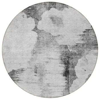 8' Gray Silver And Charcoal Round Abstract Washable Indoor Outdoor Area Rug