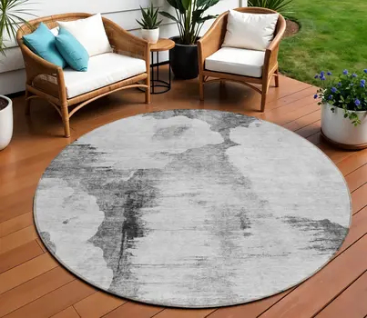 8' Gray Silver And Charcoal Round Abstract Washable Indoor Outdoor Area Rug
