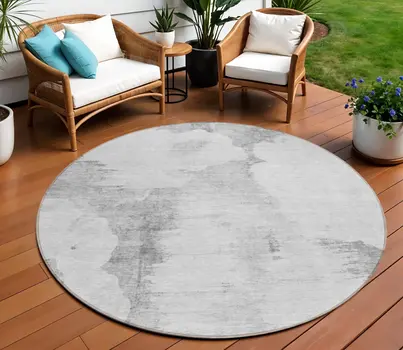 8' Silver Gray And Pewter Round Abstract Washable Indoor Outdoor Area Rug