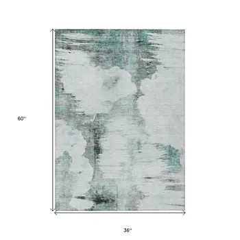 3' X 5' Teal Blue Silver And Gray Abstract Washable Indoor Outdoor Area Rug