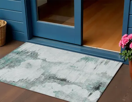 3' X 5' Teal Blue Silver And Gray Abstract Washable Indoor Outdoor Area Rug
