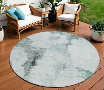 8' Teal Blue Silver And Gray Round Abstract Washable Indoor Outdoor Area Rug