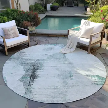 8' Teal Blue Silver And Gray Round Abstract Washable Indoor Outdoor Area Rug