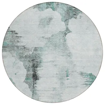 8' Teal Blue Silver And Gray Round Abstract Washable Indoor Outdoor Area Rug