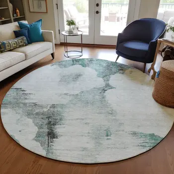 8' Teal Blue Silver And Gray Round Abstract Washable Indoor Outdoor Area Rug