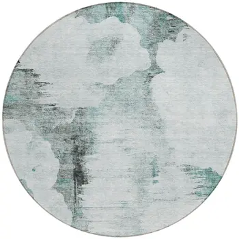 8' Teal Blue Silver And Gray Round Abstract Washable Indoor Outdoor Area Rug