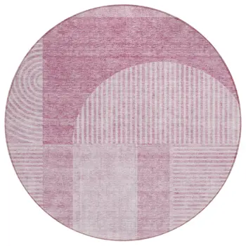 8' Blush Pink And Mauve Round Geometric Washable Indoor Outdoor Area Rug