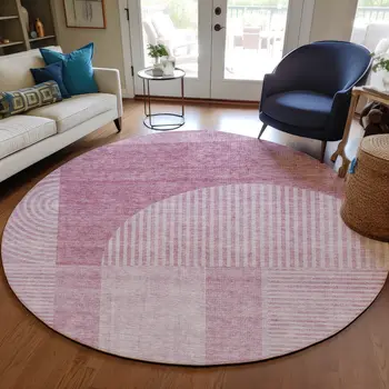 8' Blush Pink And Mauve Round Geometric Washable Indoor Outdoor Area Rug