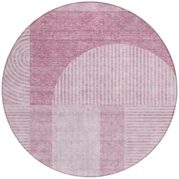 8' Blush Pink And Mauve Round Geometric Washable Indoor Outdoor Area Rug