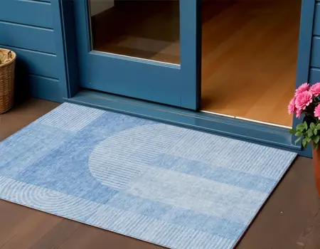 3' X 5' Sky Blue And Denim Blue Geometric Washable Indoor Outdoor Area Rug