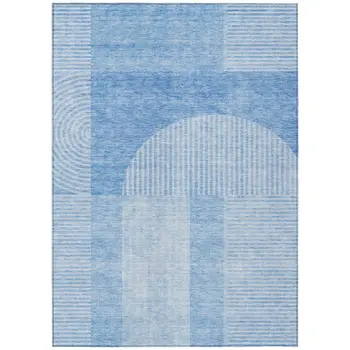 5' X 8' Sky Blue And Denim Blue Geometric Washable Indoor Outdoor Area Rug