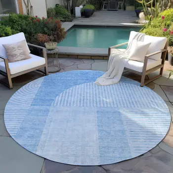 8' Sky Blue And Denim Blue Round Geometric Washable Indoor Outdoor Area Rug