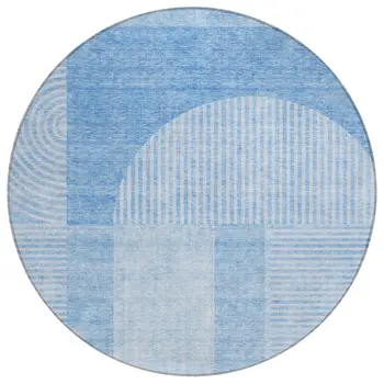8' Sky Blue And Denim Blue Round Geometric Washable Indoor Outdoor Area Rug